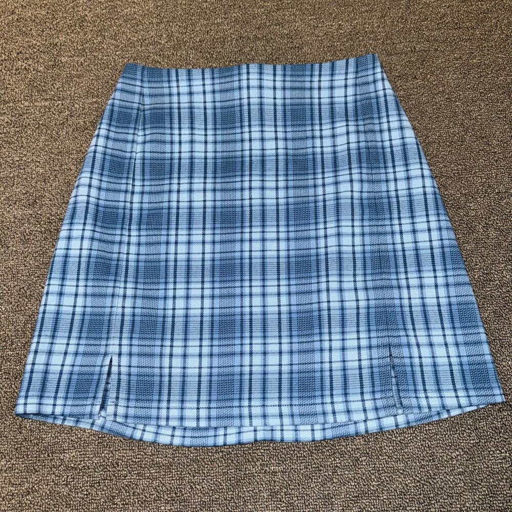 John Galt Mini Skirt Women’s Small Blue Plaid Stretch Slits Preppy‎ Back Zipper